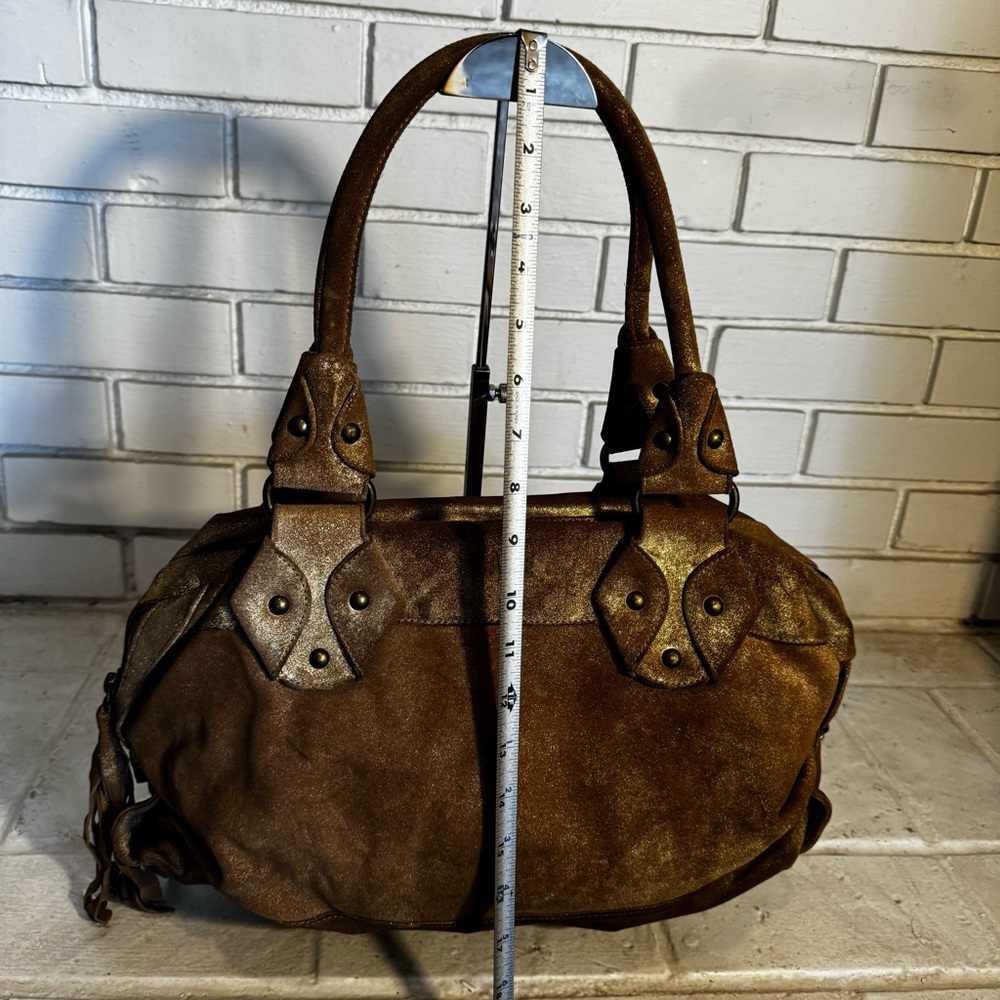 Kale Brown / Gold Metallic Suede Satchel Bag with Pink Suede Interior - Picture 14 of 15